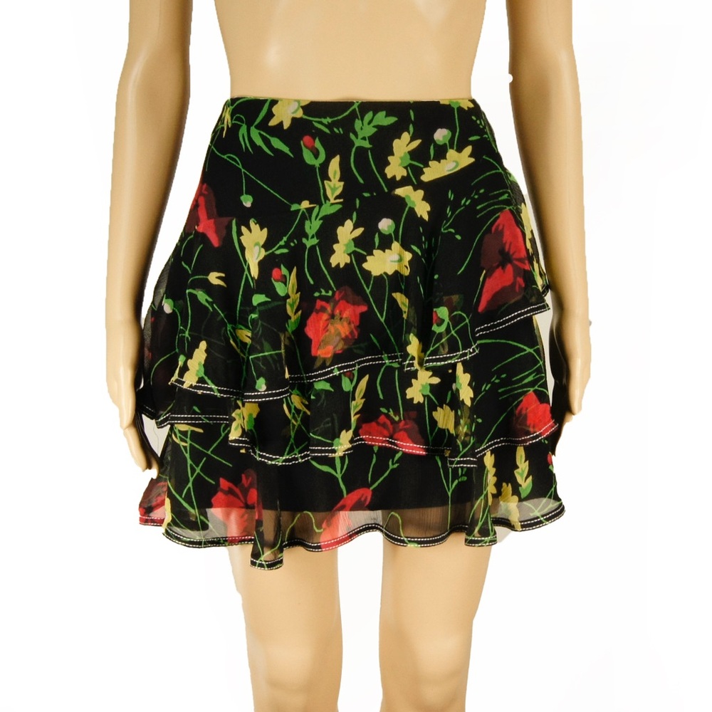 Jason Wu Grey Label Black Asymmetrical Layered Ruffle Black Floral Silk Skirt